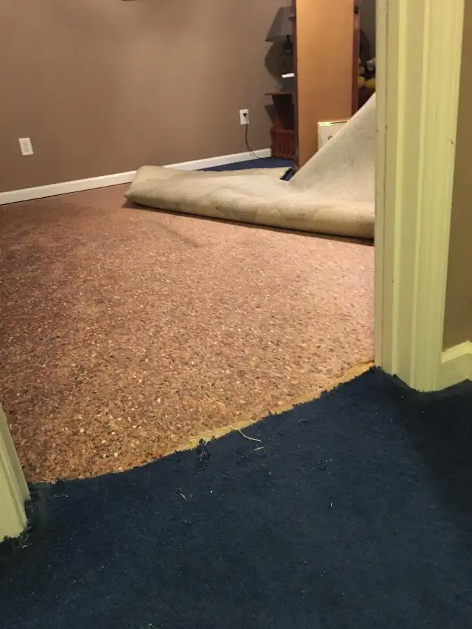 Carpet pad removal revealing water damage during Water Mitigation Services in Leonardtown